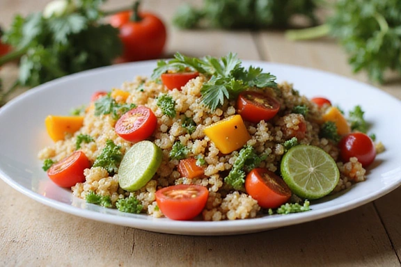 Eine Schüssel mit frischem Quinoa-Salat und buntem Gemüse wie Paprika, Gurken und Tomaten.